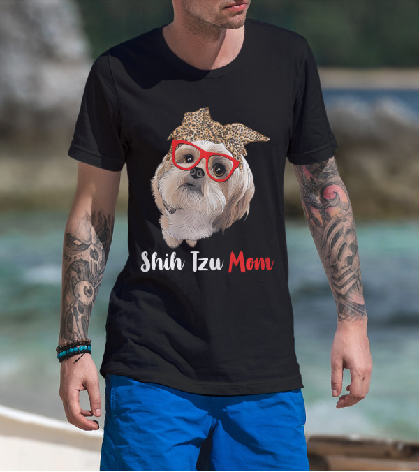 Shih Tzu Mom Leopard Print Bow Cute Dog Lover Red Glasses T-Shirt