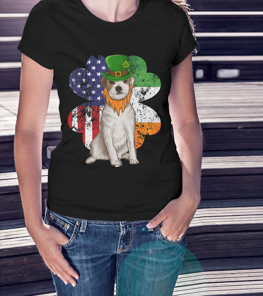 Irish American Parson Terrier Wearing Leprechaun Hat With USA And Ireland Flags Shamrock St. Patrick's Day T-Shirt