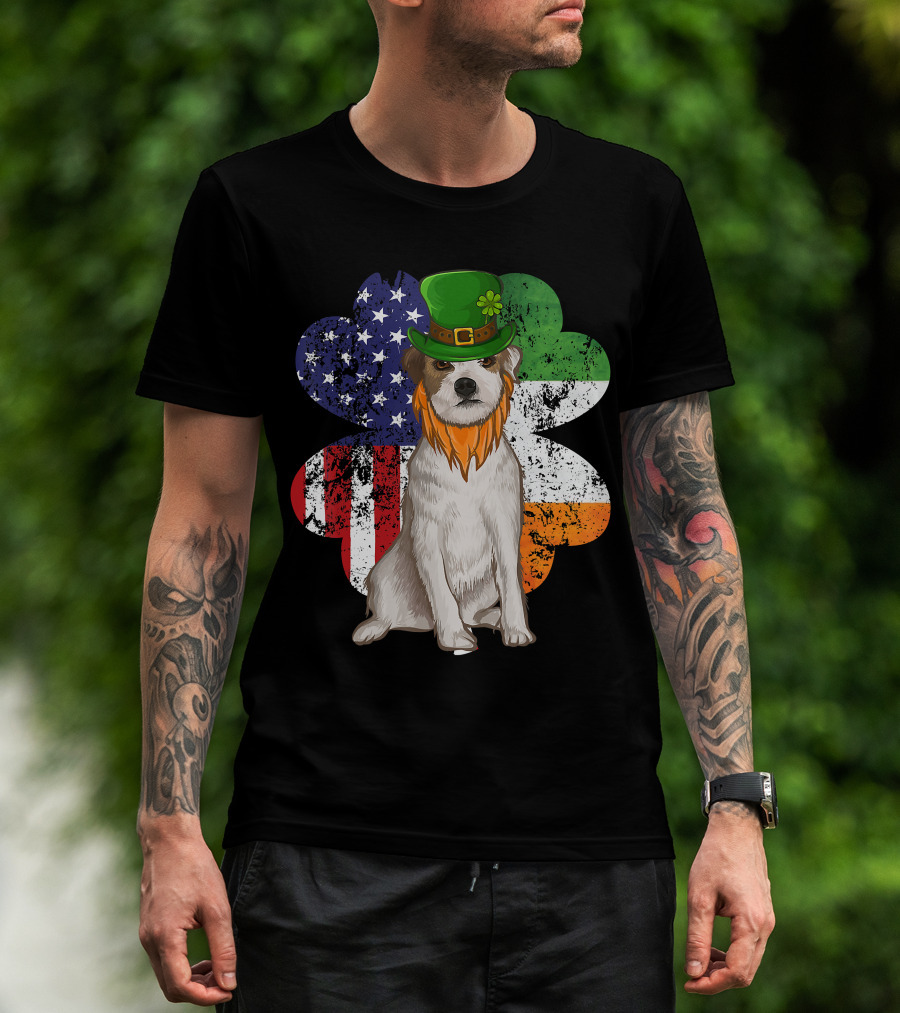 Irish American Parson Terrier Wearing Leprechaun Hat With USA And Ireland Flags Shamrock St. Patrick's Day T-Shirt