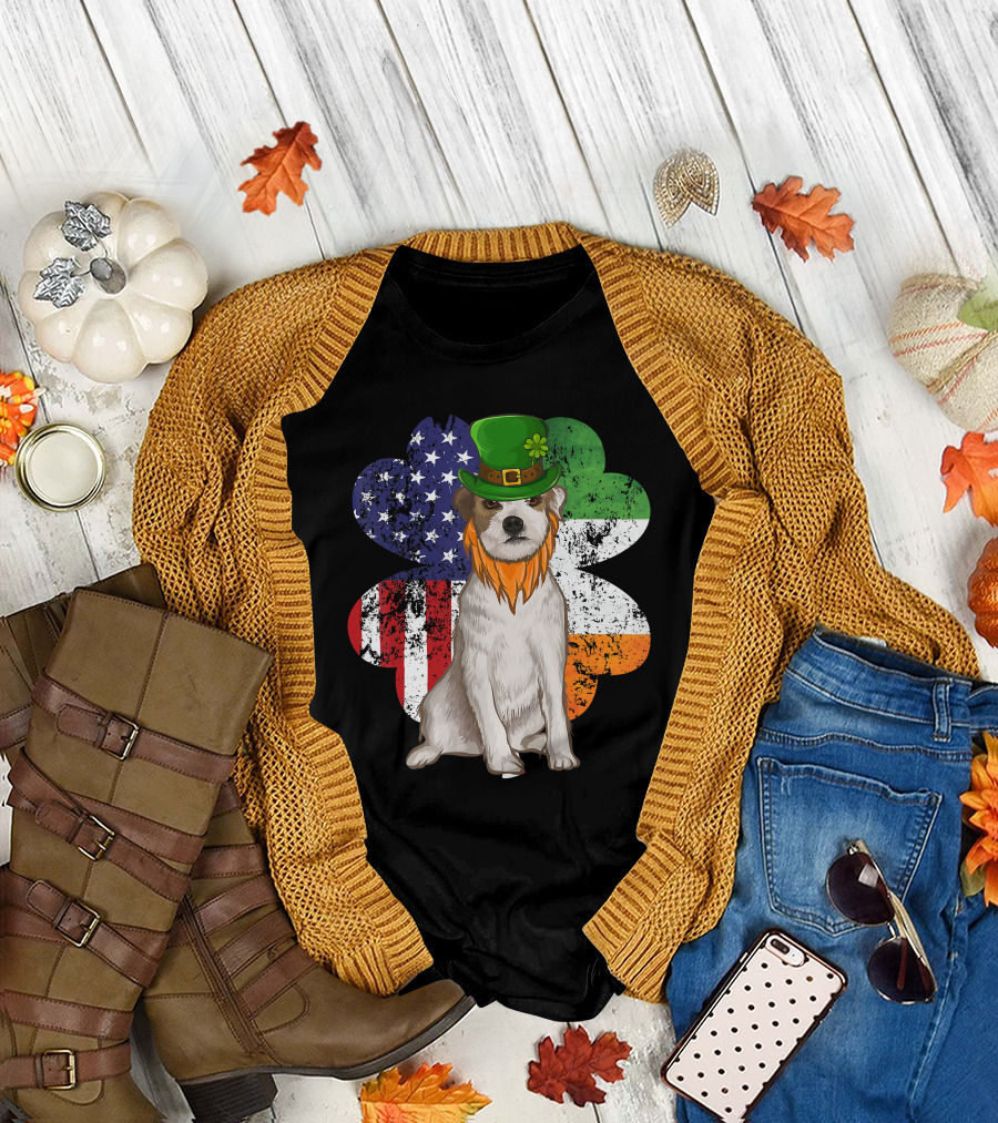 Irish American Parson Terrier Wearing Leprechaun Hat with USA and Ireland Flags Shamrock St. Patrick's Day T-Shirt