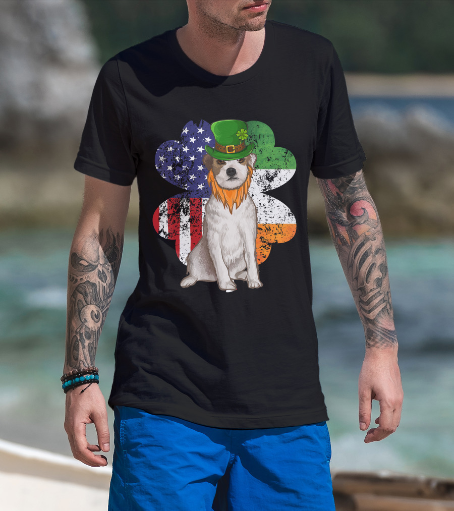 Irish American Parson Terrier Wearing Leprechaun Hat With USA And Ireland Flags Shamrock St. Patrick's Day T-Shirt
