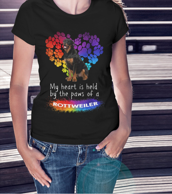 My Heart Is Held By The Paws Of A Rottweiler Rainbow Paw Print Heart T-Shirt