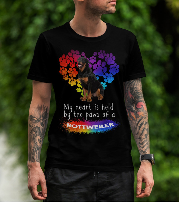 My Heart Is Held By The Paws Of A Rottweiler Rainbow Paw Print Heart T-Shirt