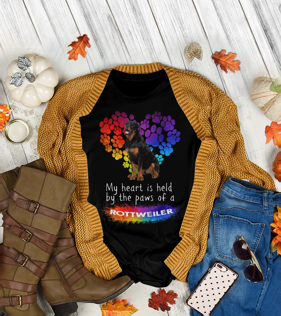 My Heart is Held by the Paws of a Rottweiler Rainbow Paw Print Heart T-Shirt