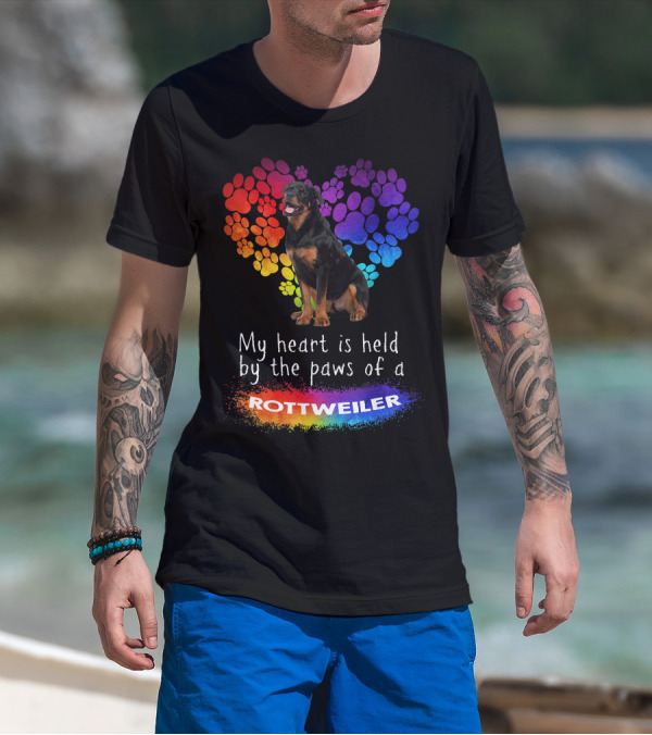 My Heart Is Held By The Paws Of A Rottweiler Rainbow Paw Print Heart T-Shirt