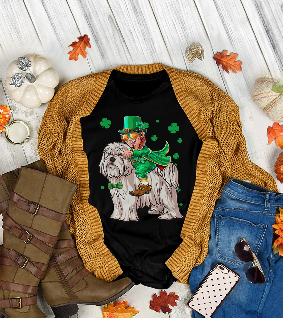 Leprechaun Riding Maltese Dog with Shamrocks T-Shirt