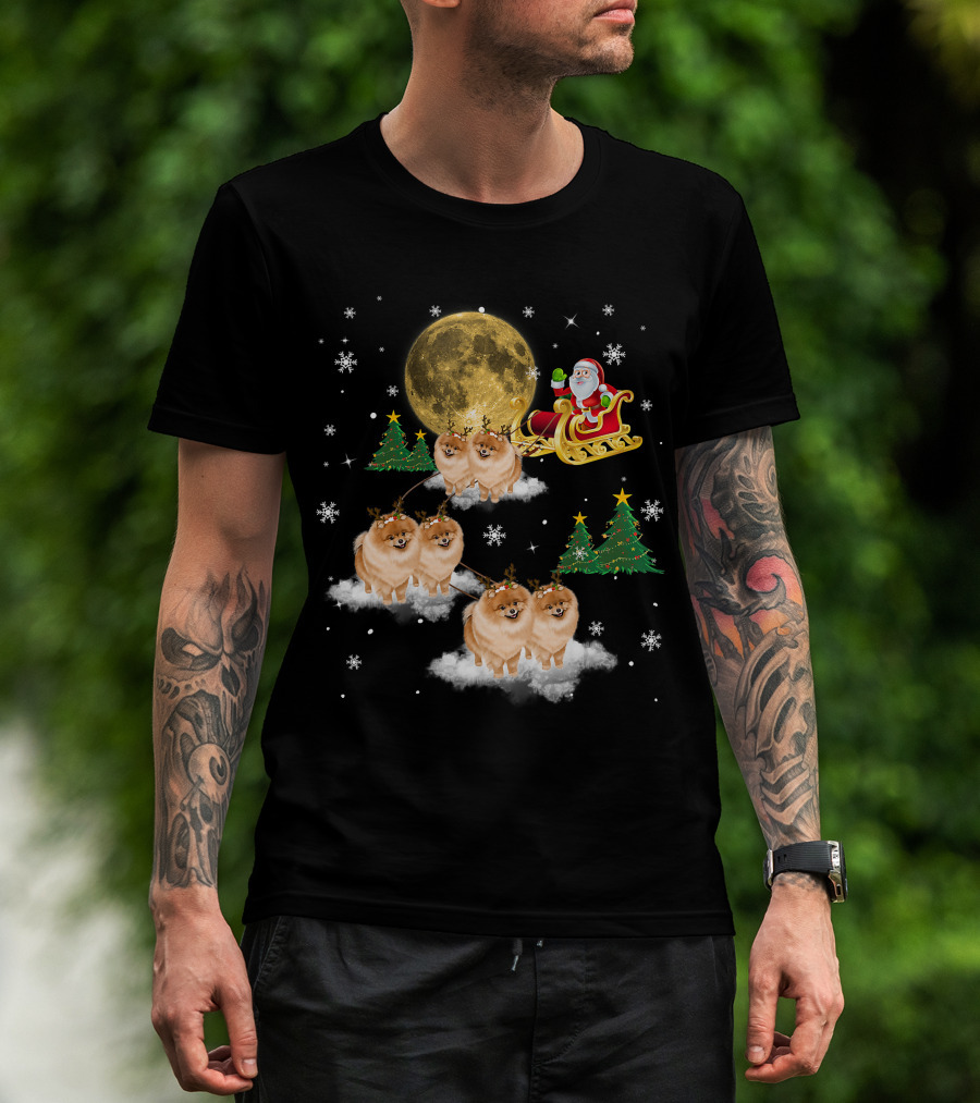 Pomeranian Christmas Santa Sled With Reindeer Funny Dog Love T-Shirt