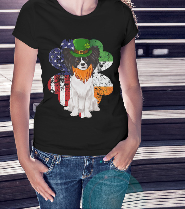 St Patricks Day Irish American Flag Papillon Dog With Leprechaun Hat And Shamrock T-Shirt
