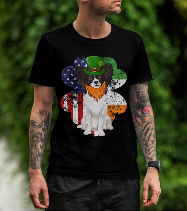 St Patricks Day Irish American Flag Papillon Dog With Leprechaun Hat And Shamrock T-Shirt