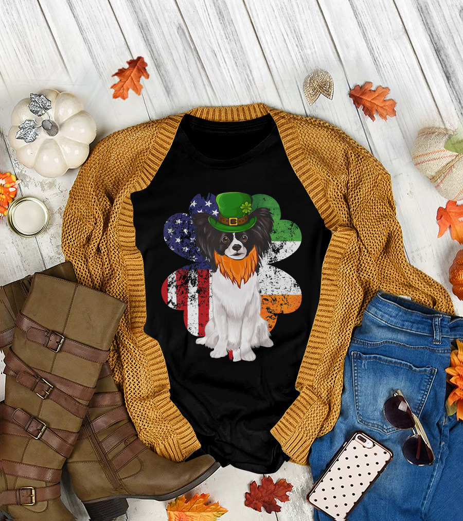 St Patricks Day Irish American Flag Papillon Dog with Leprechaun Hat and Shamrock T-Shirt