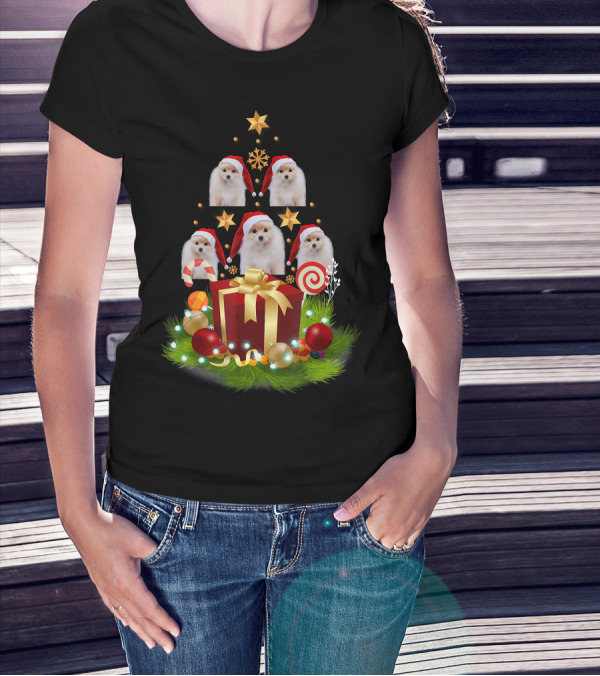 Santa Pomeranian Christmas Tree With Presents And Candy Canes T-Shirt