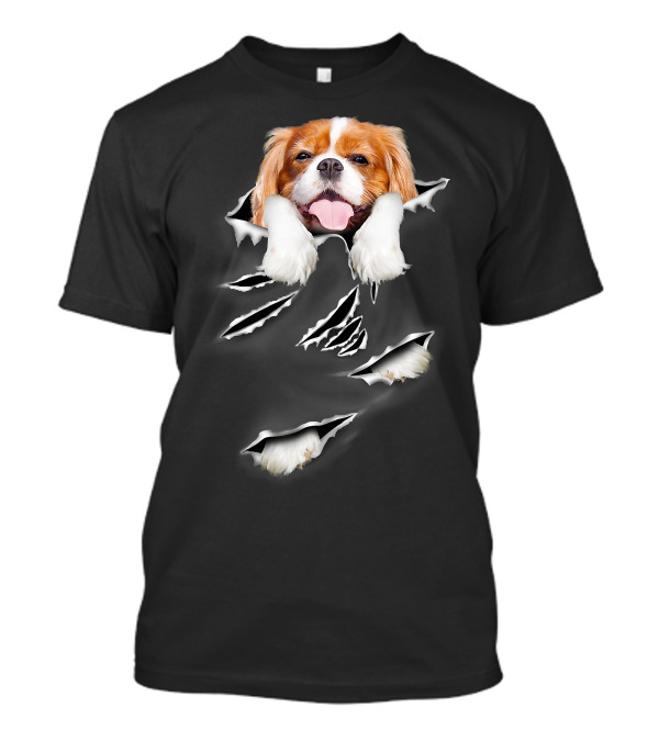 Cavalier King Charles Spaniel Scratch Torn Paws And Face Peeking Through T-Shirt