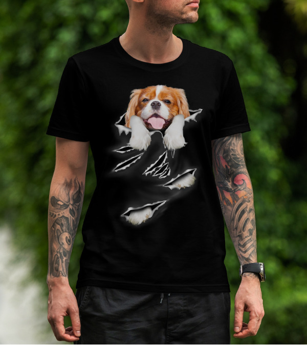 Cavalier King Charles Spaniel Scratch Torn Paws And Face Peeking Through T-Shirt