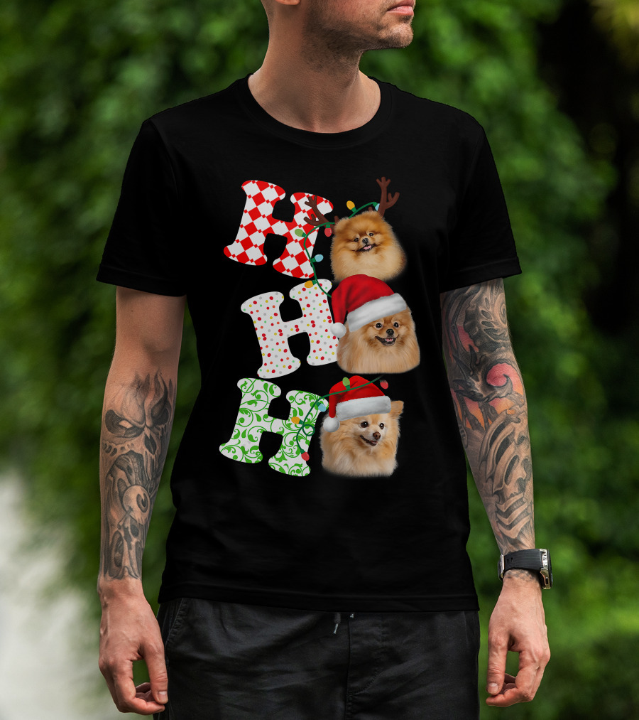 Ho Ho Ho Pomeranian Santa Hat Reindeer Antlers Christmas T-Shirt