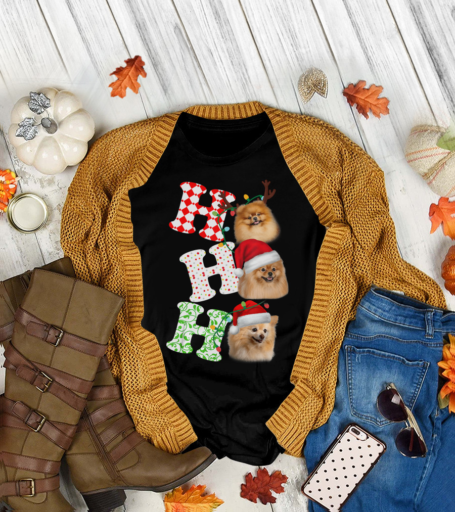 Ho Ho Ho Pomeranian Santa Hat Reindeer Antlers Christmas T-Shirt