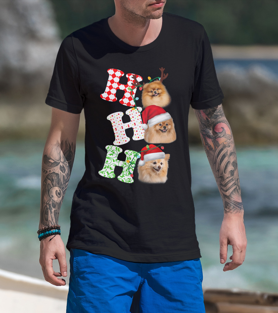 Ho Ho Ho Pomeranian Santa Hat Reindeer Antlers Christmas T-Shirt