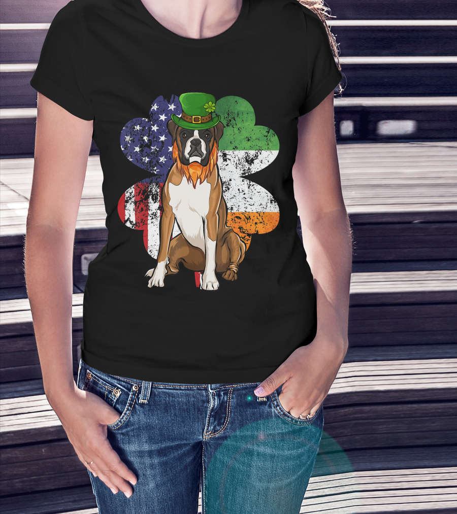 St Patricks Day Boxer Dog With Irish American Flag Shamrock T-Shirt