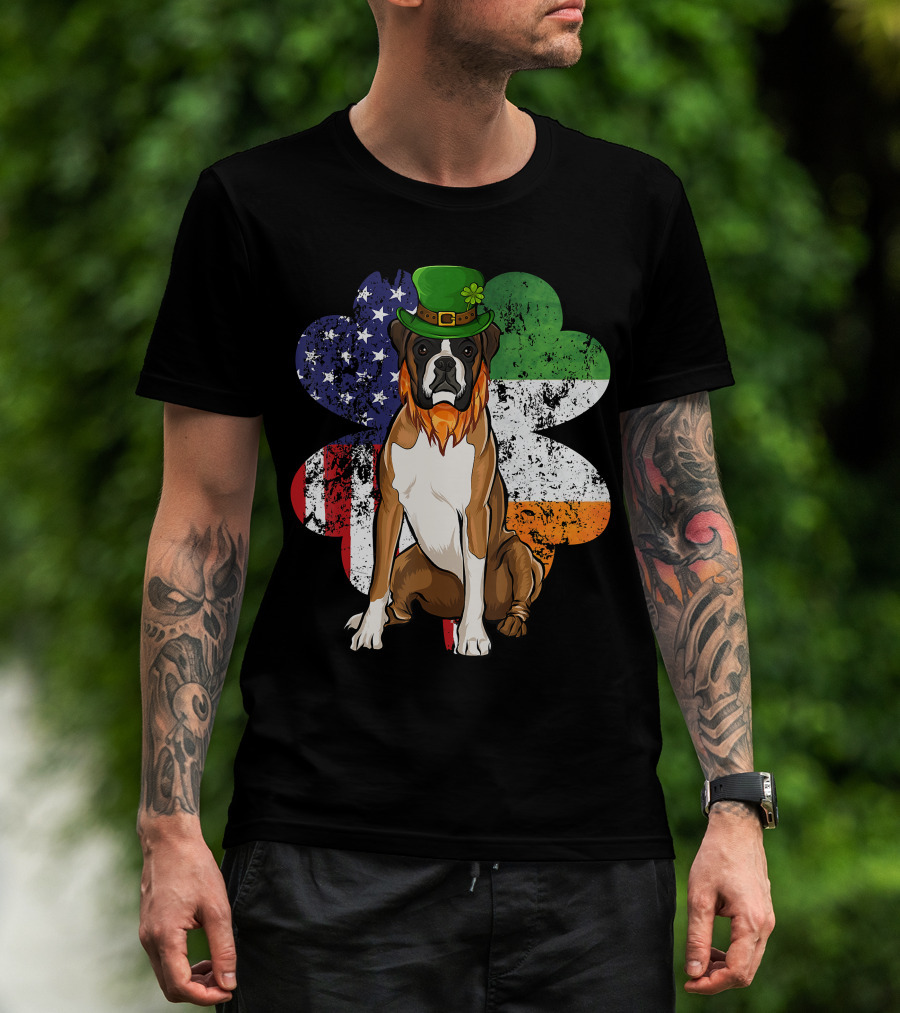 St Patricks Day Boxer Dog With Irish American Flag Shamrock T-Shirt