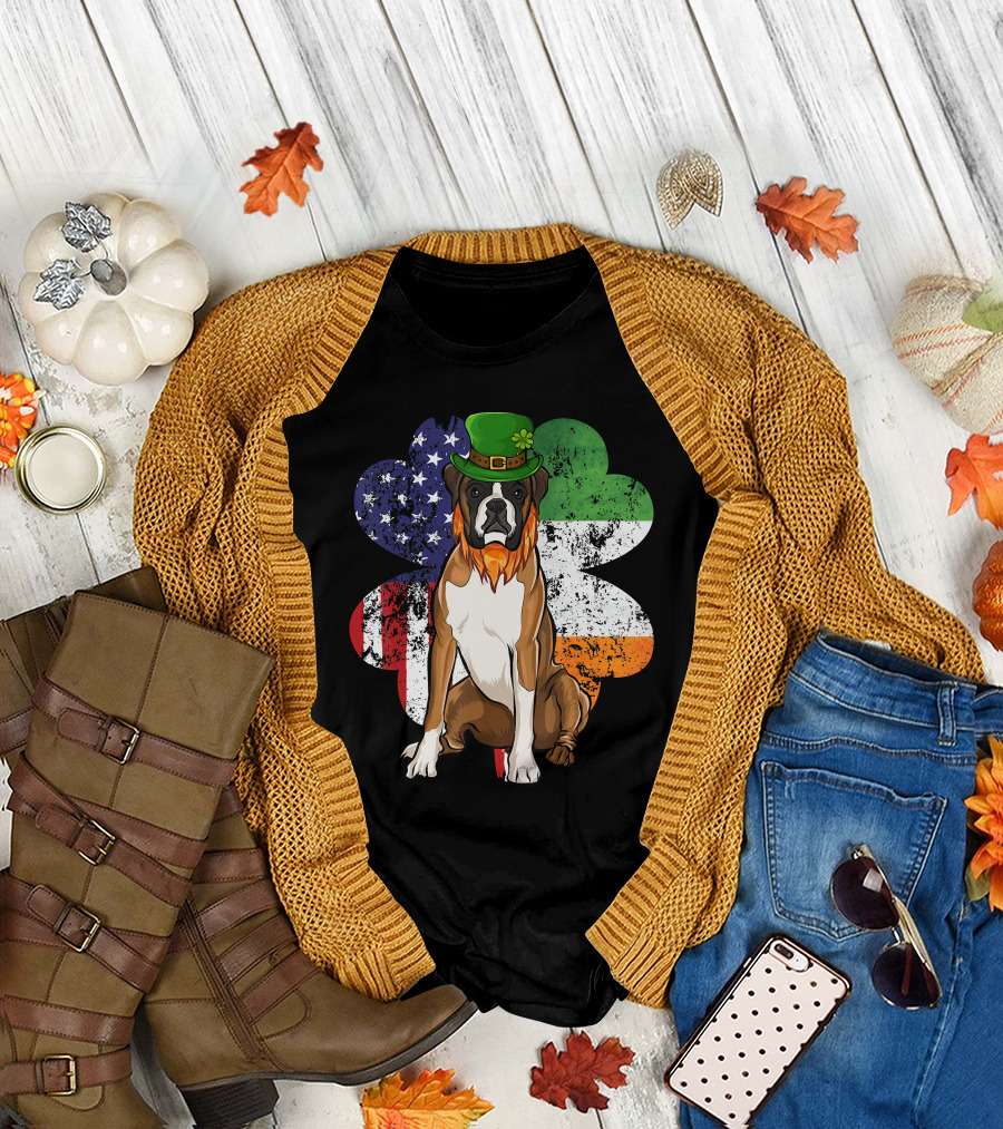 St Patricks Day Boxer Dog With Irish American Flag Shamrock T-Shirt