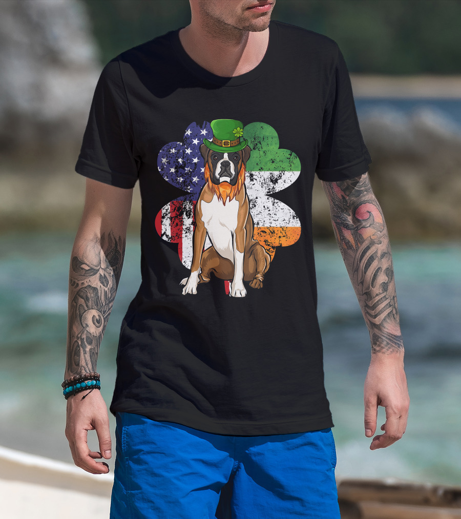 St Patricks Day Boxer Dog With Irish American Flag Shamrock T-Shirt