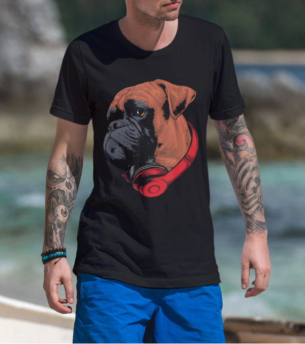 Boxer Dog With Red Headphones Cool Gaming T-Shirt