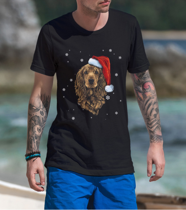 Cocker Spaniel Christmas Dog With Santa Hat And Snowflakes T-Shirt