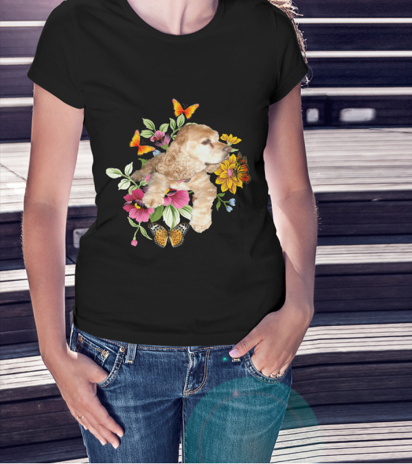 Cocker Spaniel Floral Background Butterflies Loyal Family T-Shirt