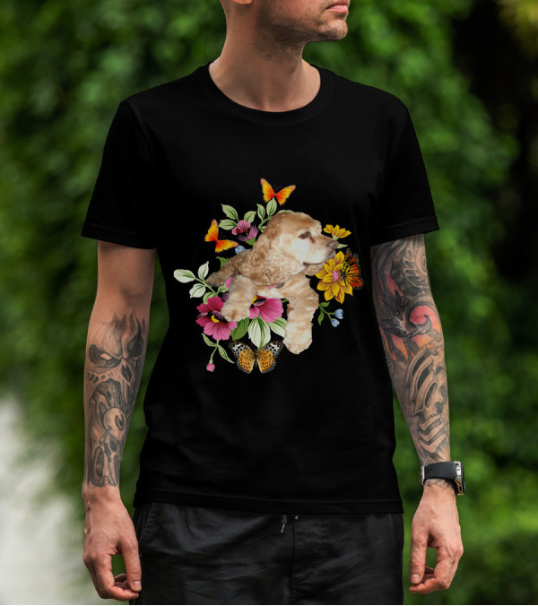 Cocker Spaniel Floral Background Butterflies Loyal Family T-Shirt