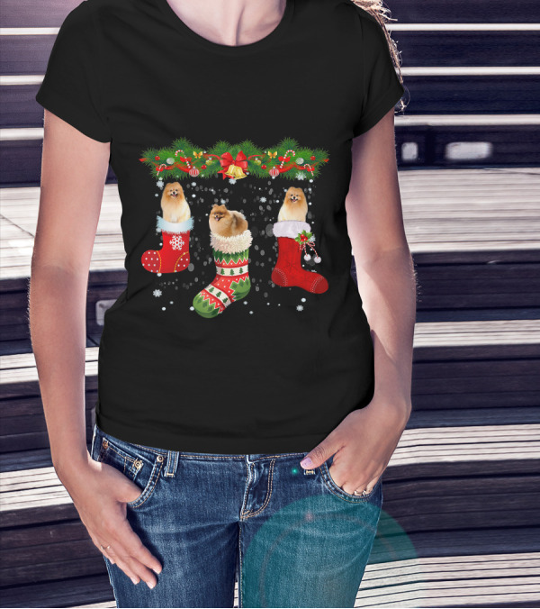 Three Pomeranian Dogs In Christmas Stockings Santa Holiday T-Shirt