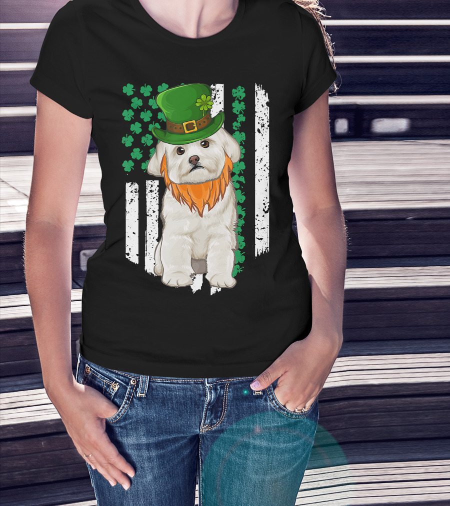 Maltese Dog With Leprechaun Hat And Shamrocks On Irish American Flag For St Patrick's Day T-Shirt