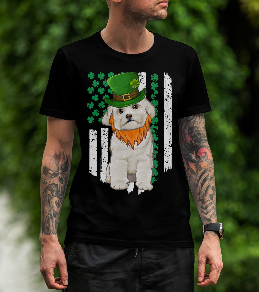Maltese Dog With Leprechaun Hat And Shamrocks On Irish American Flag For St Patrick's Day T-Shirt