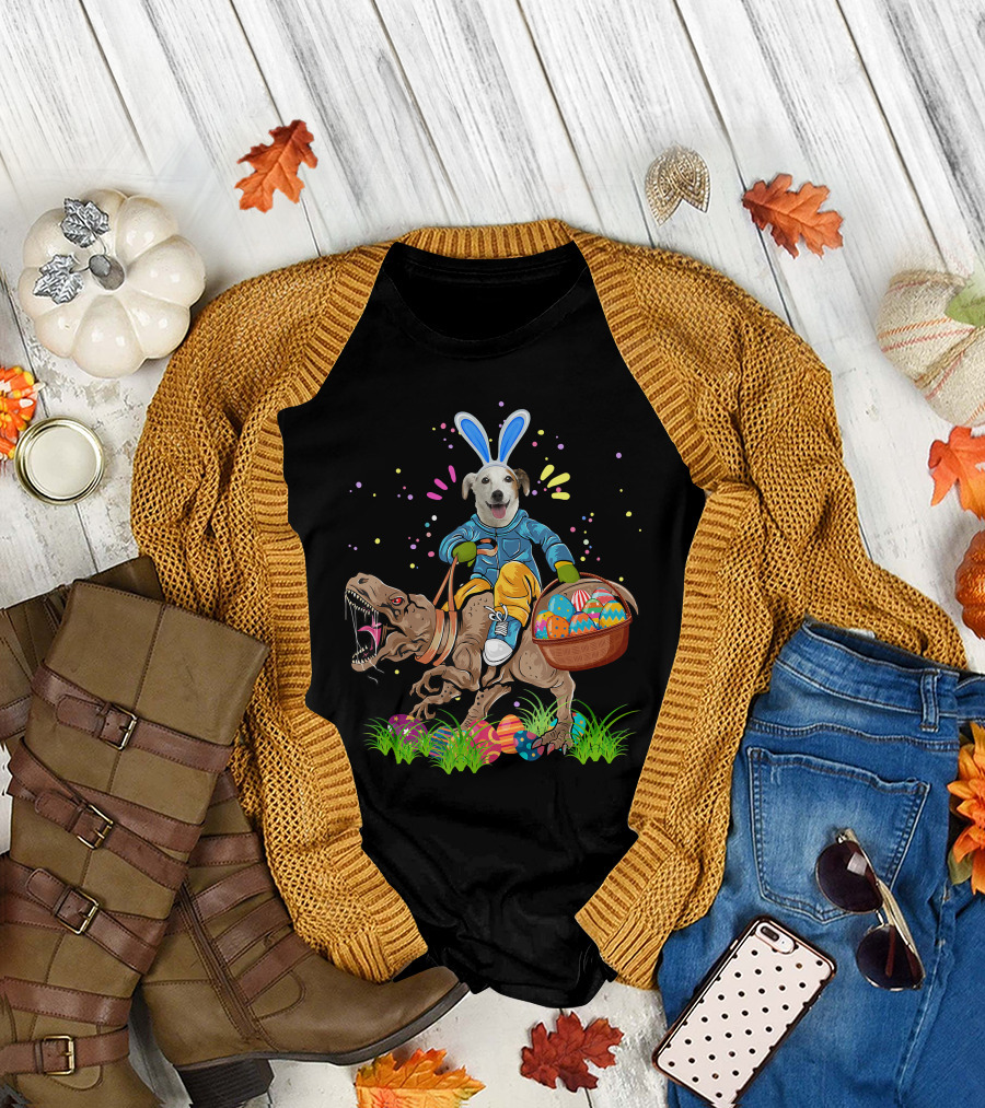Bunny Jack Russell Dog Riding T-Rex Dinosaur with Colorful Easter Eggs T-Shirt