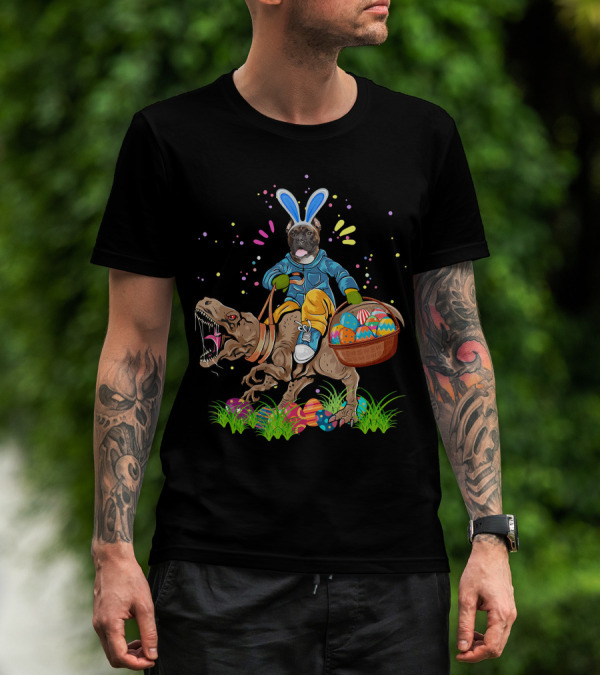 Bunny Boxer Dog Riding Rex Dinosaur With Easter Eggs Basket T-Shirt
