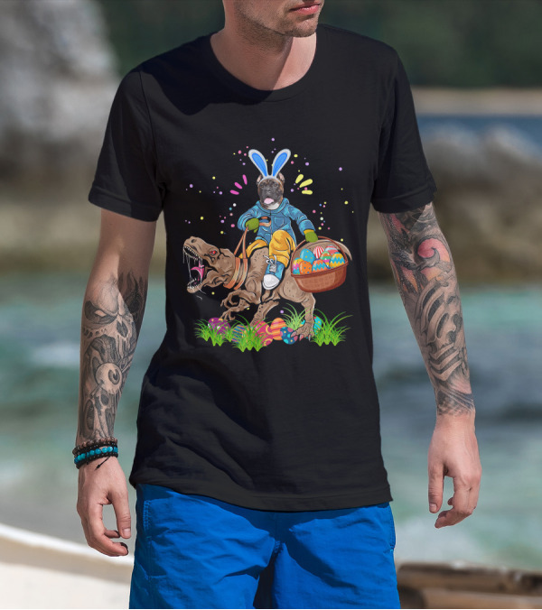 Bunny Boxer Dog Riding Rex Dinosaur With Easter Eggs Basket T-Shirt