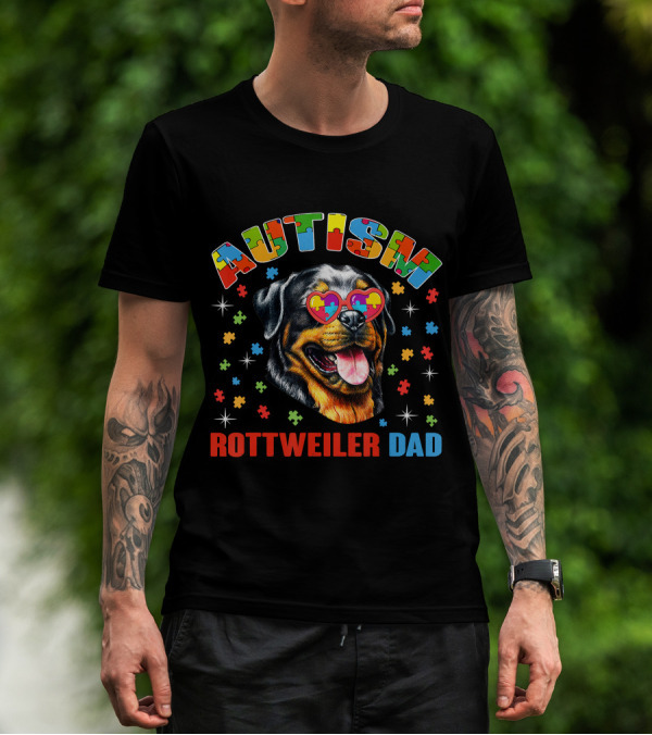 Autism Rottweiler Dad Colorful Puzzle Heart Sunglasses T-Shirt