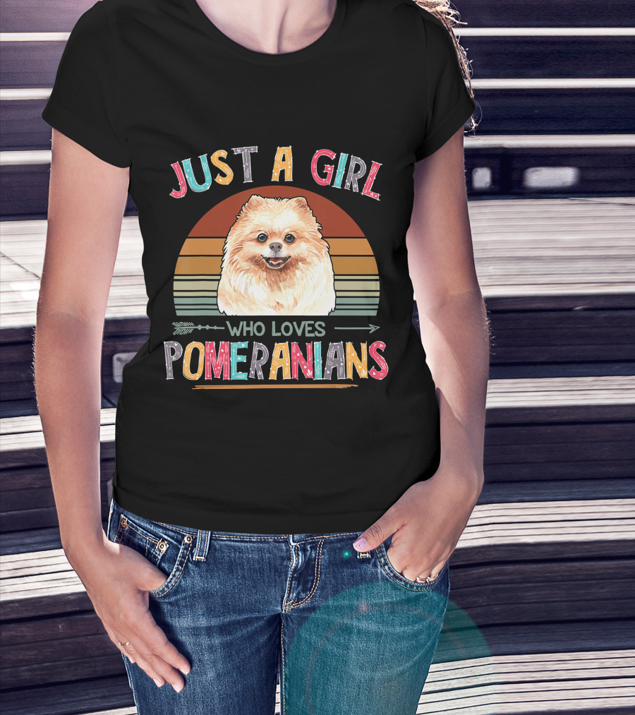 Just A Girl Who Loves Pomeranians Retro Sunset T-Shirt