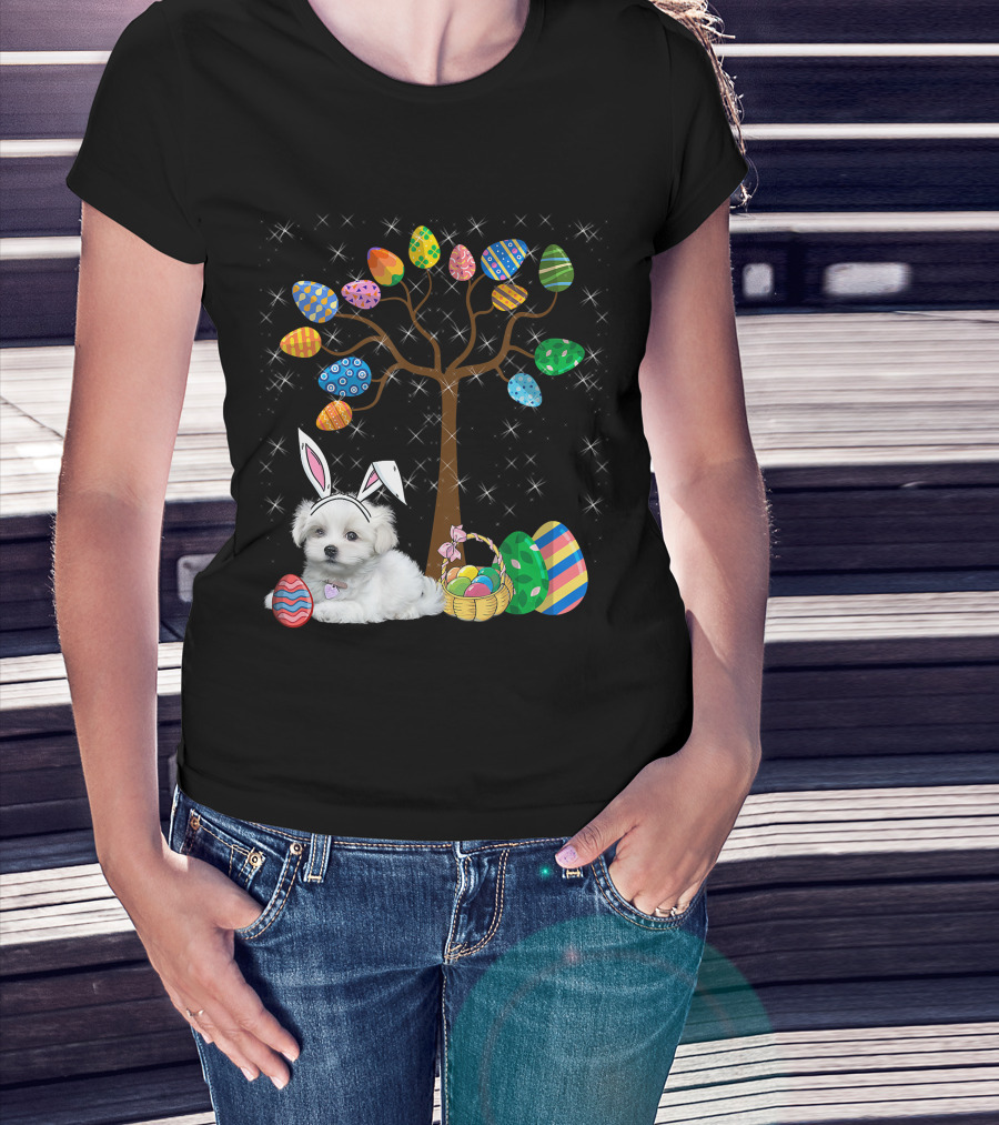Maltese Dog With Bunny Ears Hunting Easter Eggs On Egg Tree T-Shirt