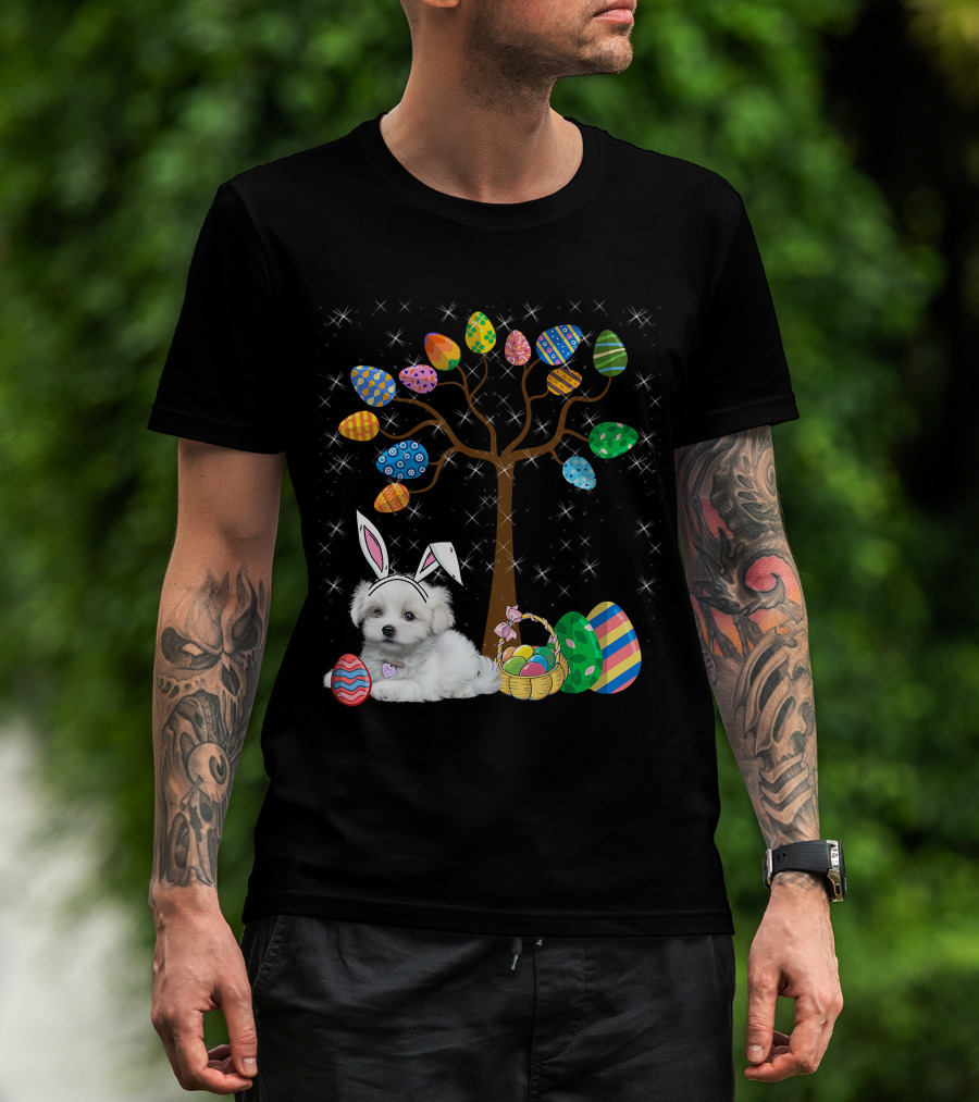 Maltese Dog With Bunny Ears Hunting Easter Eggs On Egg Tree T-Shirt