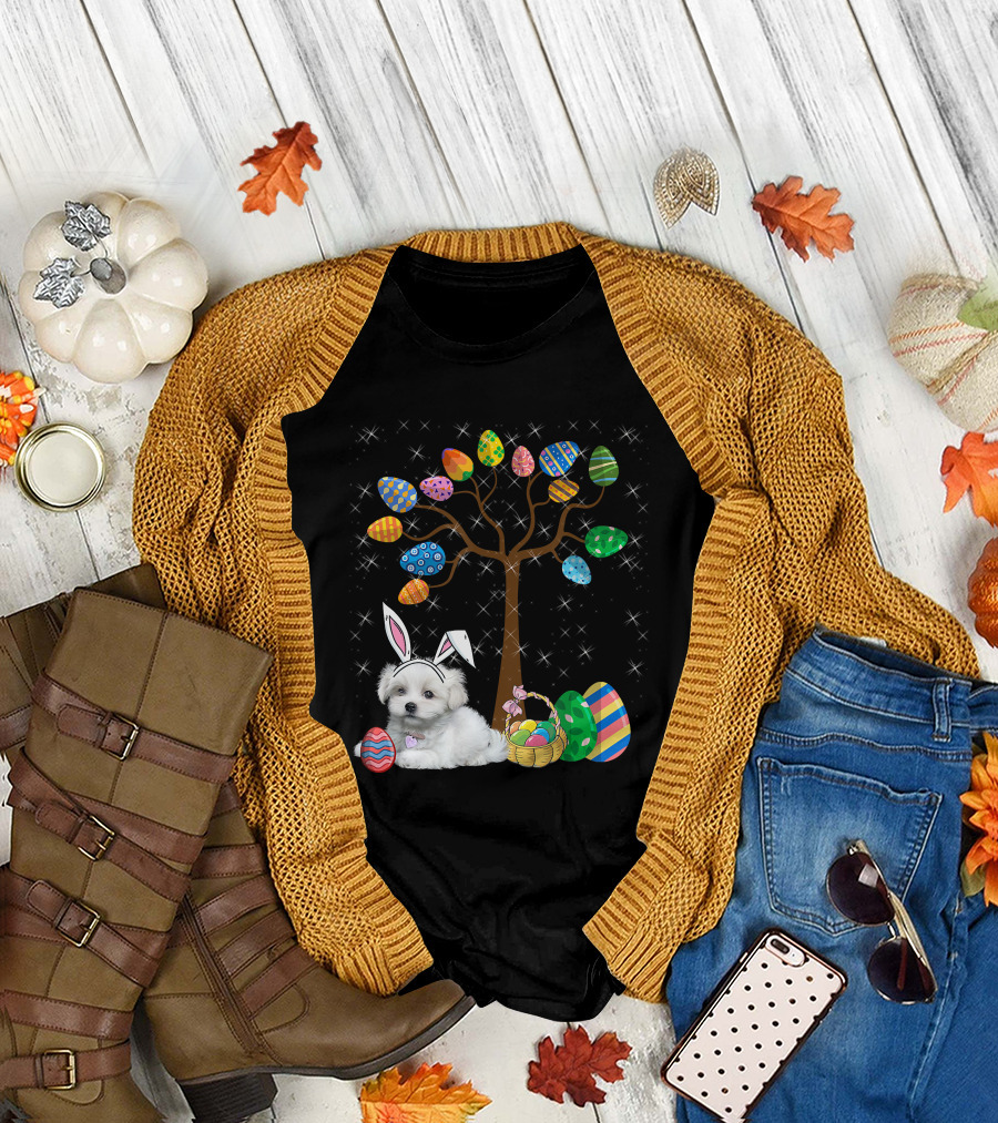 Maltese Dog with Bunny Ears Hunting Easter Eggs on Egg Tree T-Shirt
