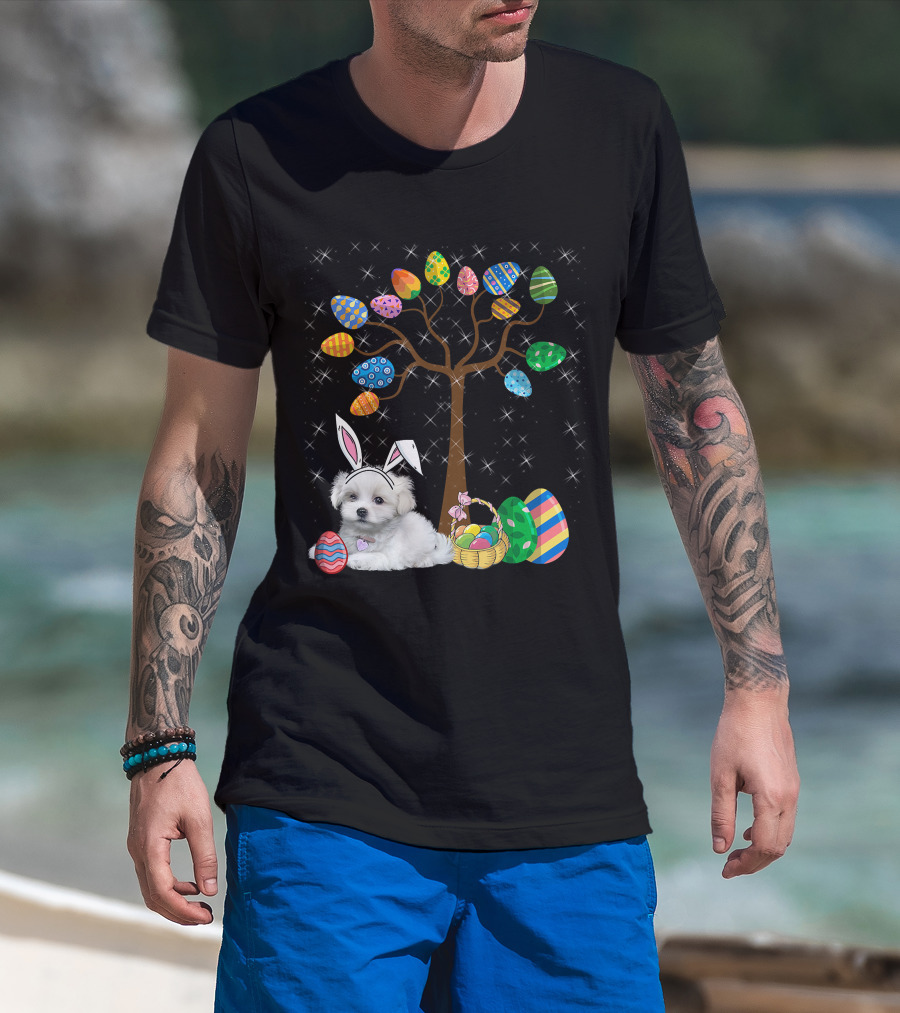 Maltese Dog With Bunny Ears Hunting Easter Eggs On Egg Tree T-Shirt