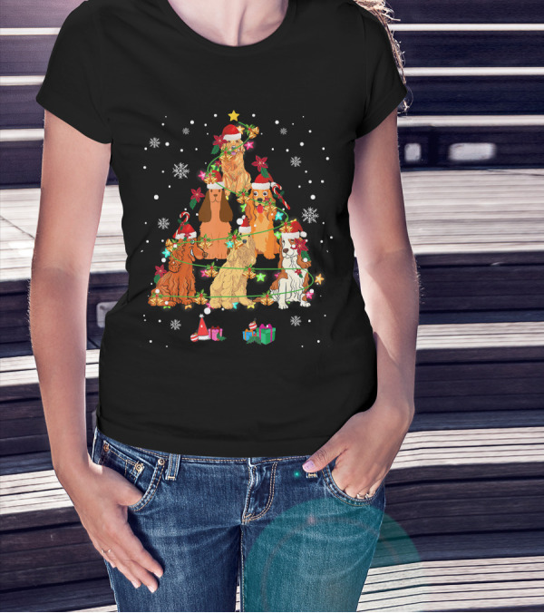Cocker Spaniel Christmas Tree With Santa Hats And Snowflakes T-Shirt