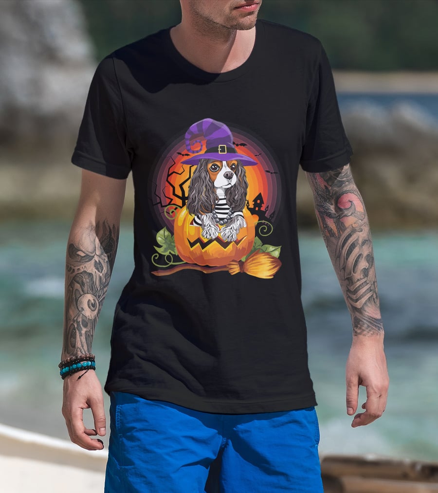Cavalier Witch Dog In Pumpkin Halloween Scene T-Shirt