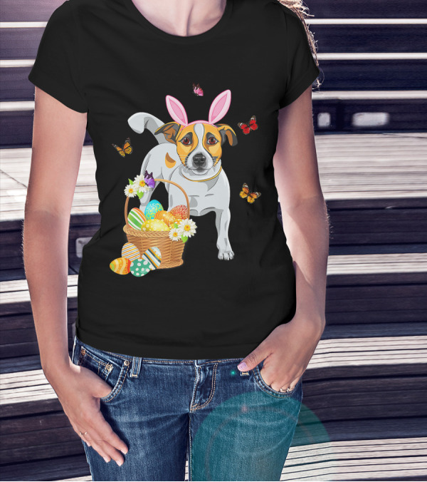Cutes Jack Russell Bunny Ear With Butterflies And Easter Eggs In Basket T-Shirt