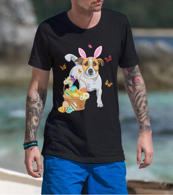 Cutes Jack Russell Bunny Ear With Butterflies And Easter Eggs In Basket T-Shirt