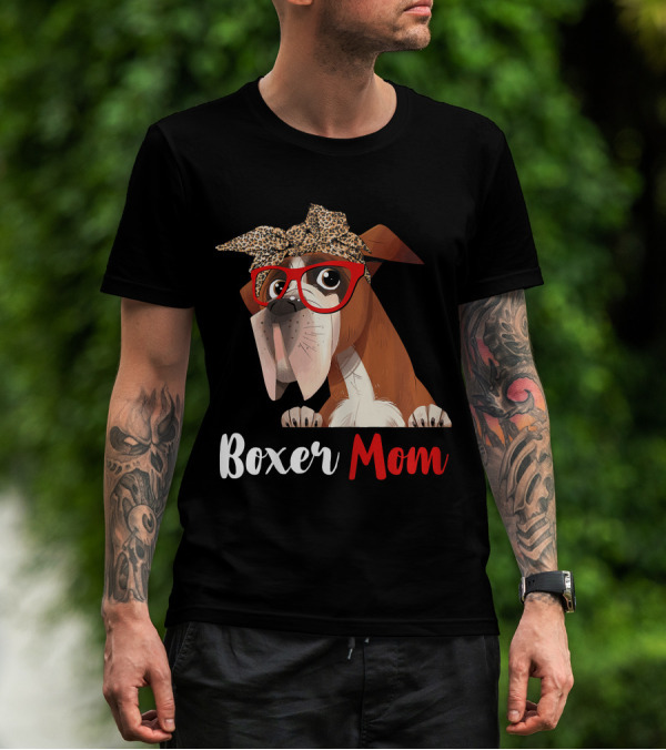 Boxer Mom With Red Glasses And Leopard Headband For Dog Lovers T-Shirt