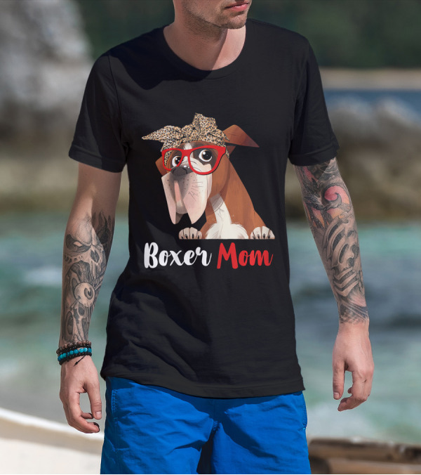 Boxer Mom With Red Glasses And Leopard Headband For Dog Lovers T-Shirt