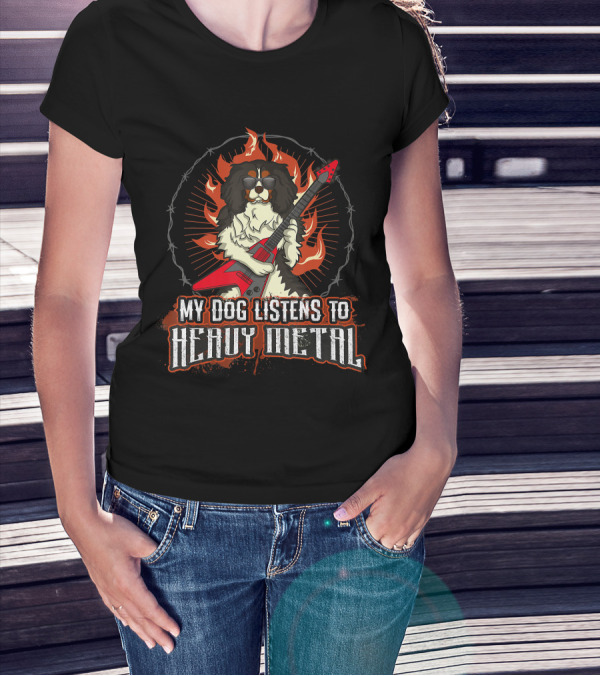 My Dog Listens To Heavy Metal Cavalier King Charles Spaniel Guitar Flames T-Shirt