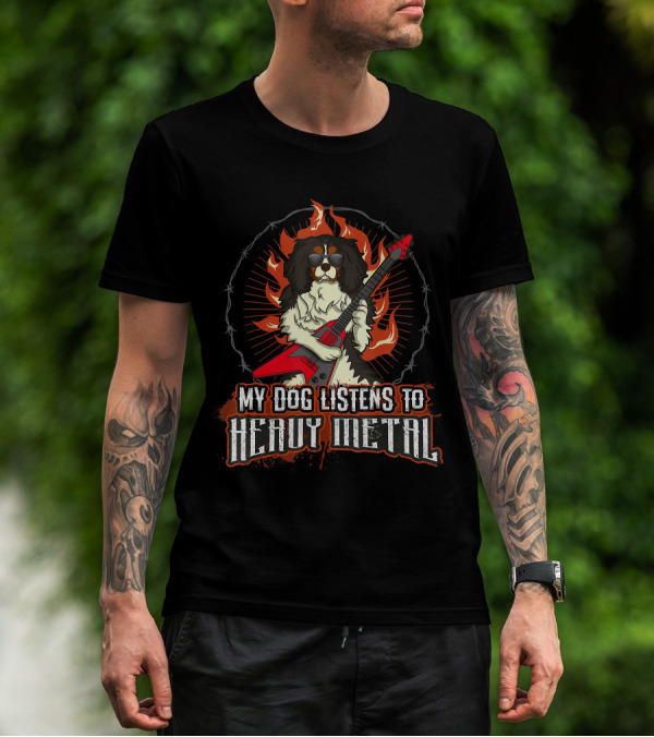 My Dog Listens To Heavy Metal Cavalier King Charles Spaniel Guitar Flames T-Shirt
