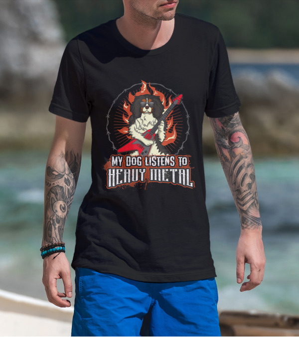 My Dog Listens To Heavy Metal Cavalier King Charles Spaniel Guitar Flames T-Shirt