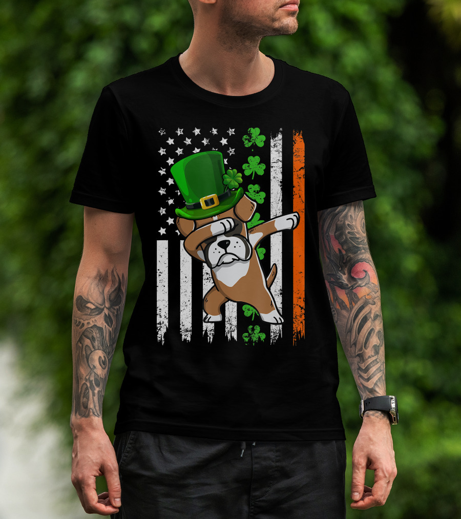 Dabbing Boxer Dog Leprechaun Hat American Irish Flag T-Shirt